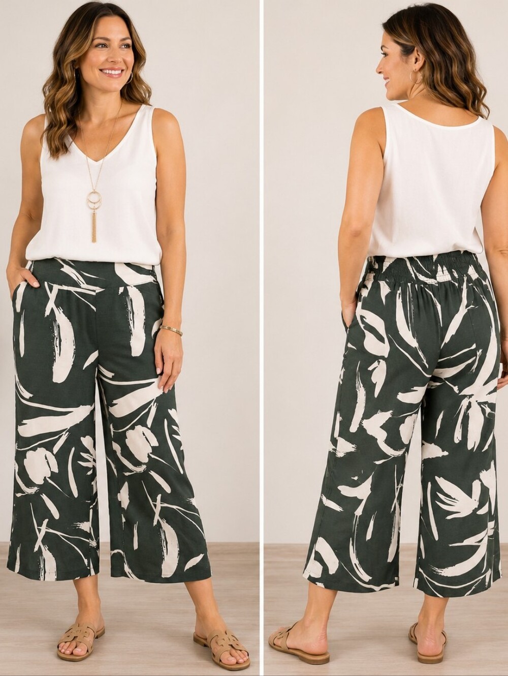 A-228 Apt. 9 Olive Abstract Print Wide Leg Crop Pants Pockets M
